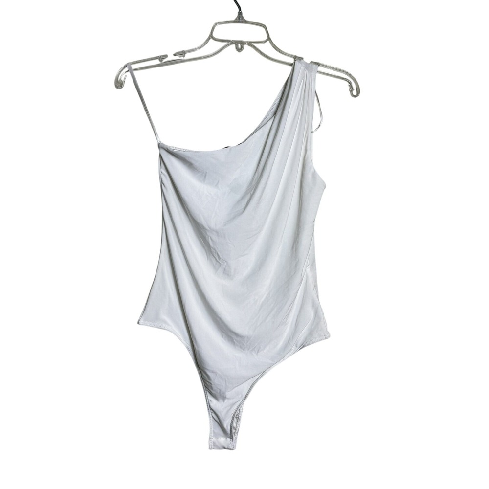21 Saints Womens One Shoulder Draped Bodysuit White Asymmetrical Size L NWT